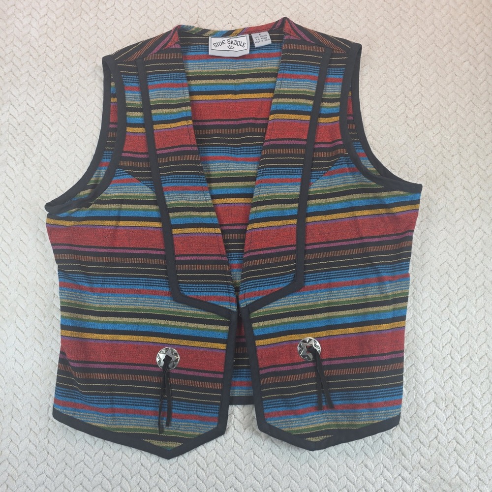 Side Saddle Vintage Southwestern Striped Cotton Vest Concho Accents Multicolor L